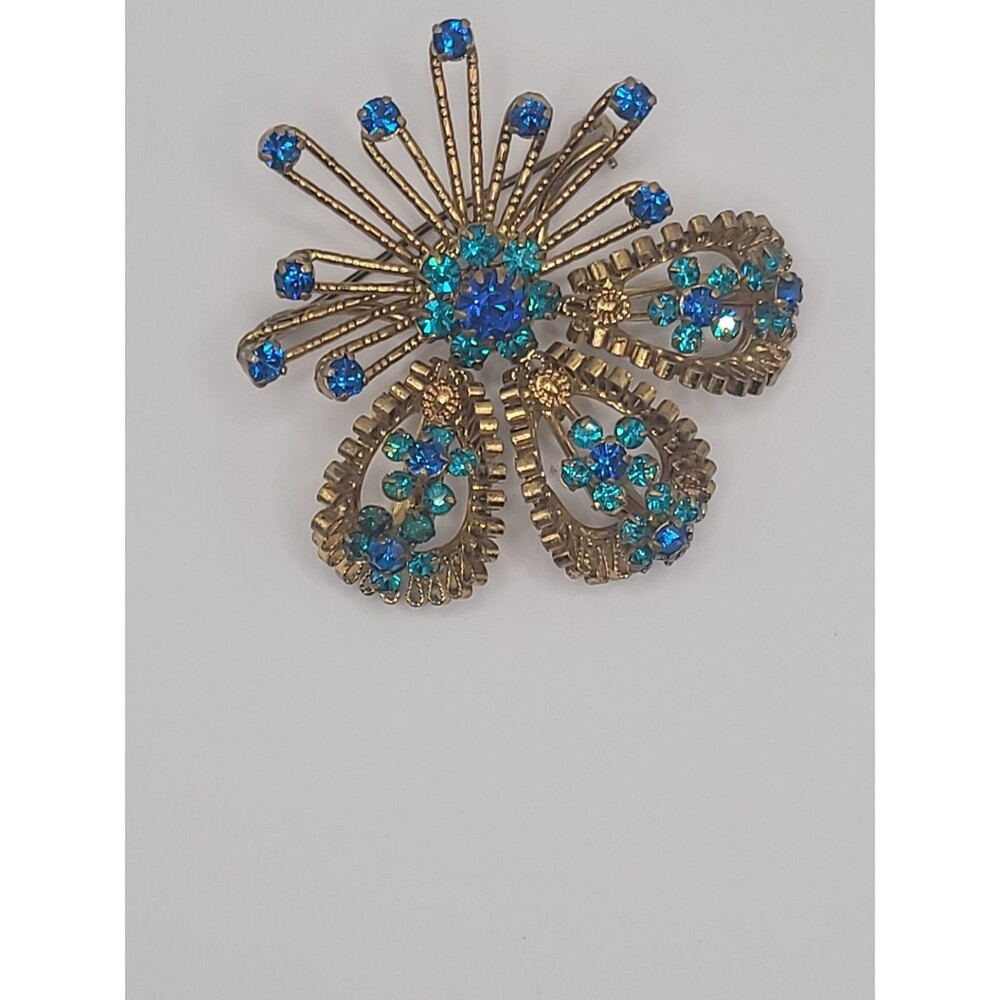 Vintage Brooch Starburst Blue Green Rhinestones Gold Tone Ornate Statement - Picture 5 of 16